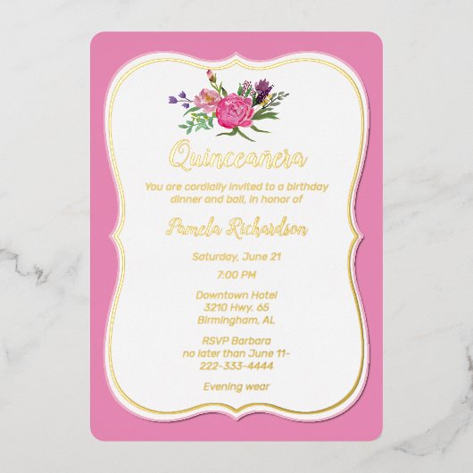 Invitation En Aluminium Fleurs roses avec huile Quinceañera (Recto)