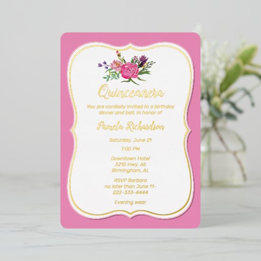 Invitation En Aluminium Fleurs roses avec huile Quinceañera (Debout devant)