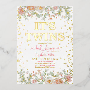 Invitation En Aluminium Fleurs Roses en Fleur Filles Jumelles Baby Shower
