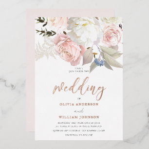 Invitation En Aluminium Fleurs roses et blanches mariage or rose