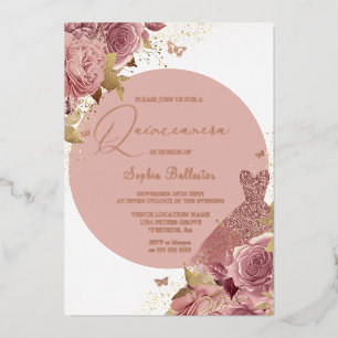 Invitation En Aluminium Fleurs roses et robe de Quinceanera en or rose