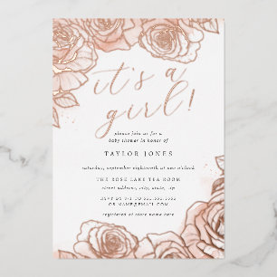 Invitation En Aluminium Fleurs roses or rose gold C'est une fille Baby Sho