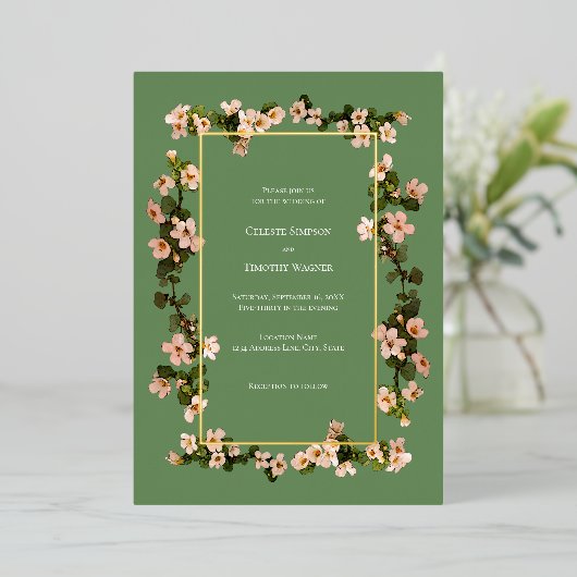 Invitation En Aluminium Fleurs roses poussiéreuses - Sage - Mariage de cad (Debout devant)