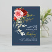 Invitation En Aluminium Fleurs roses rouges bordeaux Boho Navy Mariage ble (Debout devant)