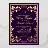 Invitation En Aluminium Fleurs Roses Royal violet or Le Mariage de (Recto)
