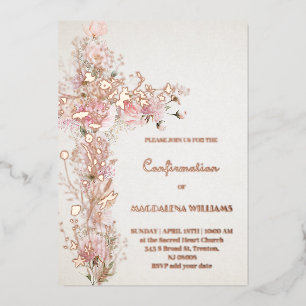 Invitation En Aluminium Fleurs roses Sainte croix Confirmation