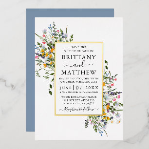 Invitation En Aluminium Fleurs sauvages aquarelle mariage bleu poussiéreux