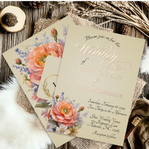 Invitation En Aluminium Fleurs sauvages aquarelle, monogramme - Blé