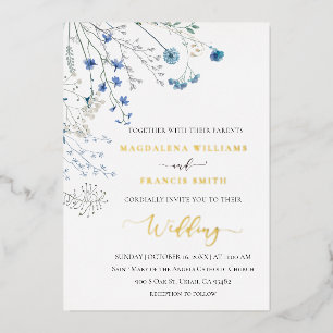 Invitation En Aluminium fleurs sauvages bleues mariage d'hiver