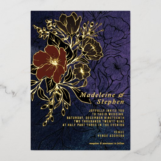 Invitation En Aluminium Fleurs sauvages violets foncés Automne Mariage d'h (Recto)