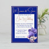 Invitation En Aluminium Fleurs violettes sur Mariage bleu et blanc royal (Debout devant)