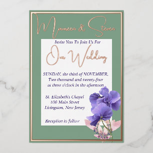 Invitation En Aluminium Fleurs violettes sur mariage vert et blanc