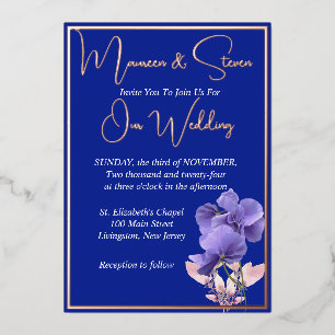 Invitation En Aluminium Fleurs violettes sur Royal Blue Mariage or Rose