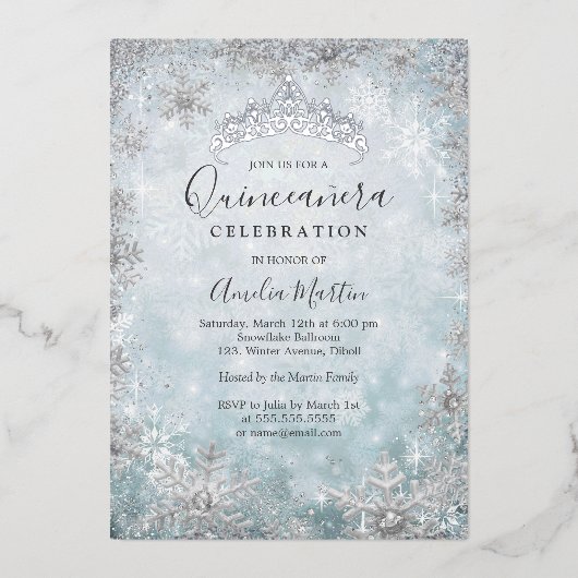 Invitation En Aluminium Flocon de neige bleu Silver Quinceanera (Recto)