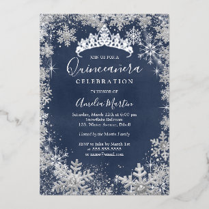 Invitation En Aluminium Flocon de neige d'hiver Argent Navy Quinceanera