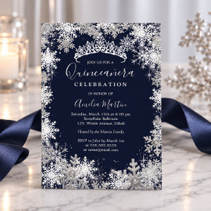 Invitation En Aluminium Flocon de neige d'hiver Argent Navy Quinceanera