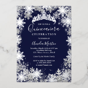 Invitation En Aluminium Flocon de neige d'hiver Argent Navy Quinceanera