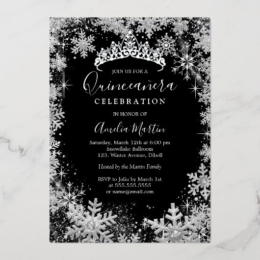 Invitation En Aluminium Flocon de neige d'hiver Silver Black Quinceanera (Recto)