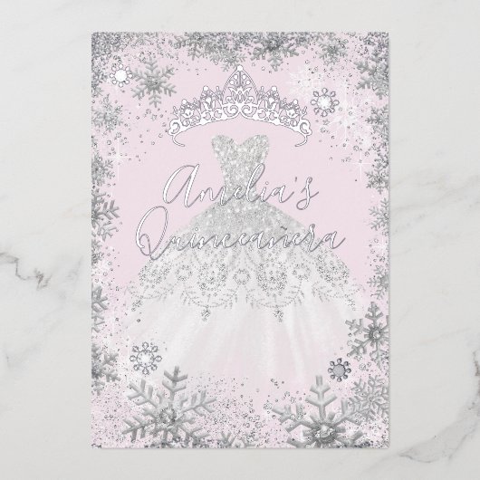 Invitation En Aluminium Flocon de neige en argent d'hiver Doux Quinceanera (Recto)