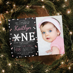 Invitation En Aluminium Flocon de neige Hiver Tableau 1er Anniversaire Pho