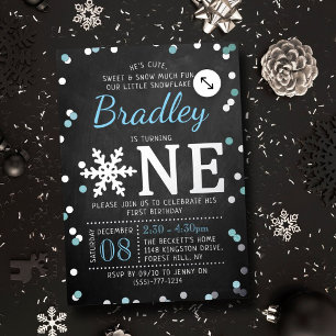 Invitation En Aluminium Flocon de neige Hiver Tableau 1er Anniversaire Rée