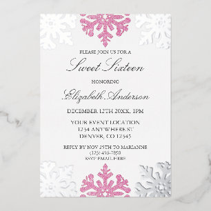 Invitation En Aluminium Flocon de neige rose argenté hiver doux 16 ans