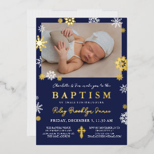 Invitation En Aluminium Flocons de neige bleu marine Photo Baptême d'hiver