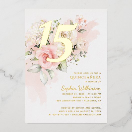 Invitation En Aluminium Floral 15e anniversaire Quinceanera Script Gold (Recto)