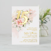 Invitation En Aluminium Floral 15e anniversaire Quinceanera Script Gold (Debout devant)