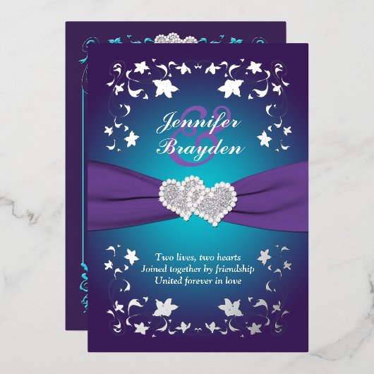 Invitation En Aluminium Floral argenté, violet, Turquoise Coeur joint Mari (Recto/Verso)