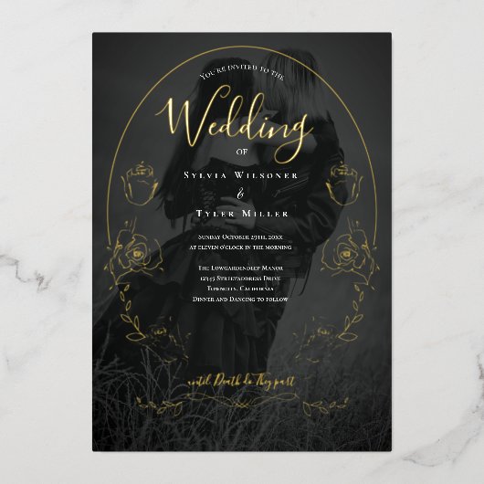 Invitation En Aluminium Floral Black Photo Mariage gothique (Recto)
