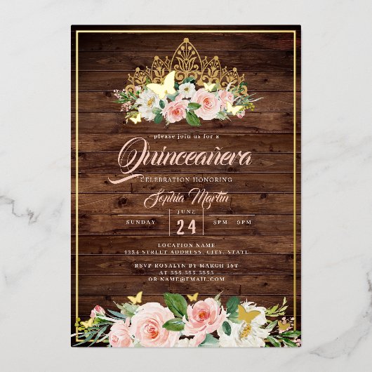 Invitation En Aluminium Floral blanc Tiara Rustique Quinceanera (Recto)