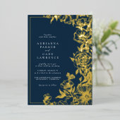 Invitation En Aluminium Floral bleu marine et or | Mariage classique (Debout devant)
