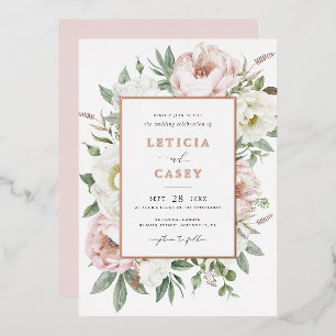 Invitation En Aluminium Floral Blush White Peony Elégant Rose Mariage Foil