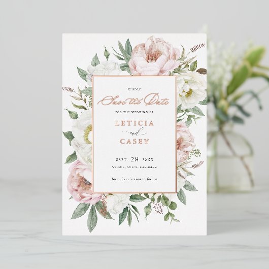 Invitation En Aluminium Floral Blush White Peony Rose Foil Enregistrer la (Debout devant)