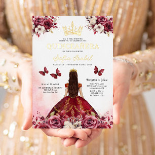 Invitation En Aluminium Floral Burgundy Butterfly Princess Quinceanera