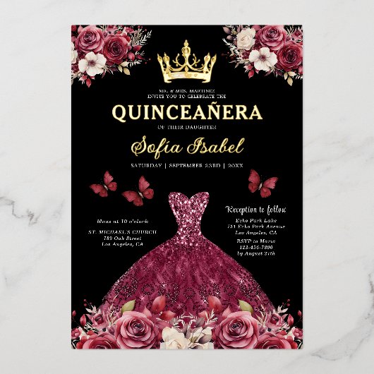 Invitation En Aluminium Floral Burgundy Butterfly Princess Quinceanera (Recto)