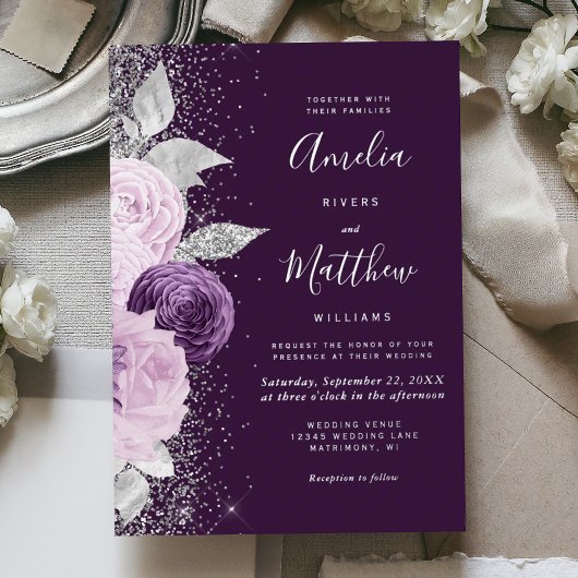 Invitation En Aluminium Floral Deep Purple Silver Glitter Wedding