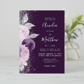 Invitation En Aluminium Floral Deep Purple Silver Glitter Wedding (Debout devant)