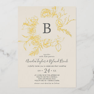 Invitation En Aluminium Floral doré   Gold Foil Cream Monogram Mariage
