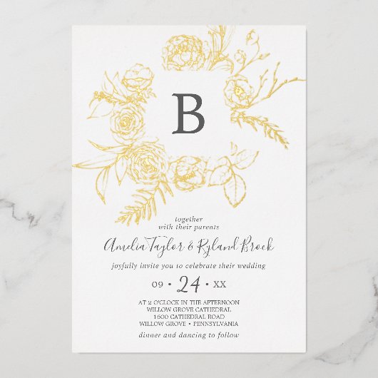 Invitation En Aluminium Floral doré | Mariage de monogramme Gold Foil (Recto)
