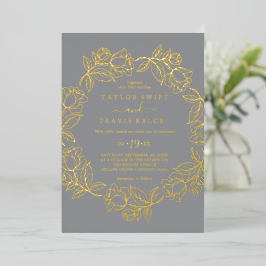 Invitation En Aluminium Floral doré | Mariage Décontracté Gold Foil (Debout devant)