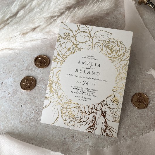 Invitation En Aluminium Floral doré | Mariage Décontracté Gold Foil Cream