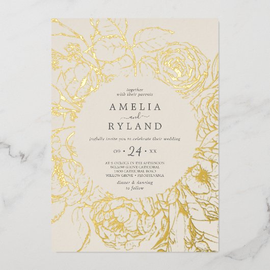 Invitation En Aluminium Floral doré | Mariage Décontracté Gold Foil Cream (Recto)