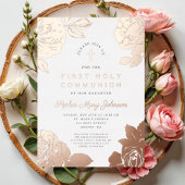 Invitation En Aluminium Floral Elegant Premier Rose Communion Or