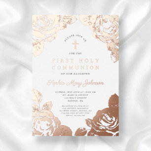 Invitation En Aluminium Floral Elegant Premier Rose Communion Or