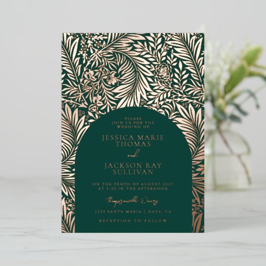 Invitation En Aluminium Floral Emerald Green et Rose Mariage or (Debout devant)