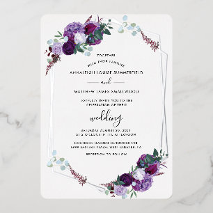 Invitation En Aluminium Floral géométrique Botanique violet Mariage Argent