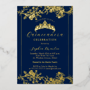 Invitation En Aluminium Floral Gold Navy Quinceanera Vintage