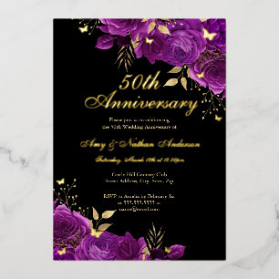 Invitation En Aluminium Floral Gold Purple 50e anniversaire Mariage